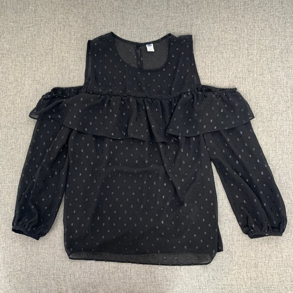 Old Navy‎ Elegant Black Blouse Cold Shoulder Ruffled Round Neck Medium Lined - Picture 1 of 13